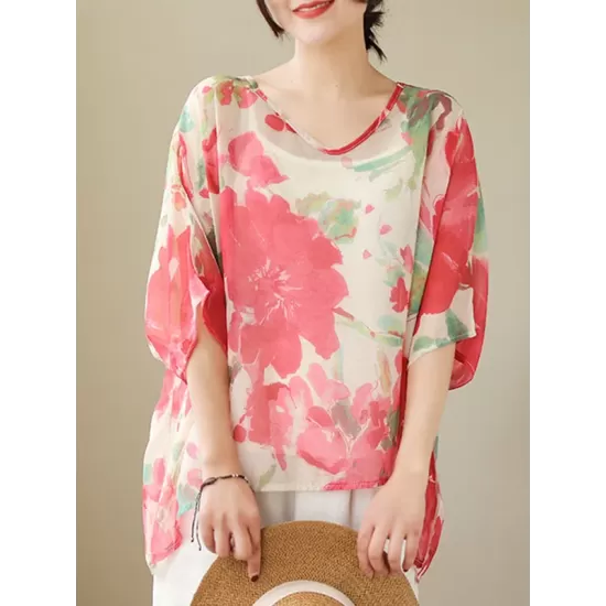 Floral Printed Loose Short Sleeves Round-neck T-shirts