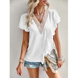 Applique Split-Joint Loose Short Sleeves V-Neck T-Shirts Tops