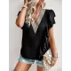 Applique Split-Joint Loose Short Sleeves V-Neck T-Shirts Tops