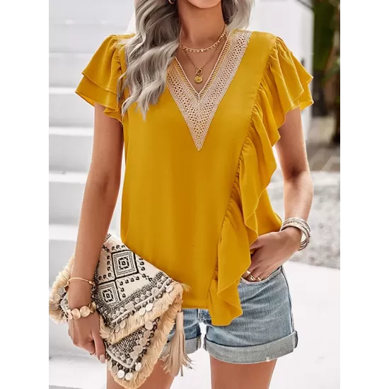 Applique Split-Joint Loose Short Sleeves V-Neck T-Shirts Tops