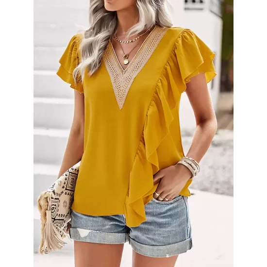 Applique Split-Joint Loose Short Sleeves V-Neck T-Shirts Tops