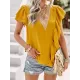 Applique Split-Joint Loose Short Sleeves V-Neck T-Shirts Tops