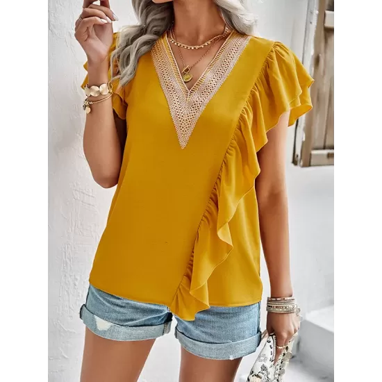 Applique Split-Joint Loose Short Sleeves V-Neck T-Shirts Tops