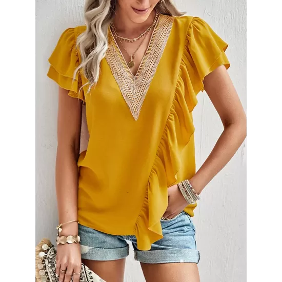 Applique Split-Joint Loose Short Sleeves V-Neck T-Shirts Tops