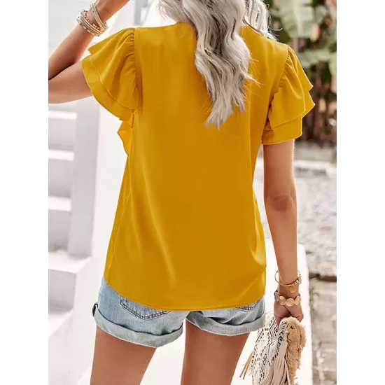 Applique Split-Joint Loose Short Sleeves V-Neck T-Shirts Tops