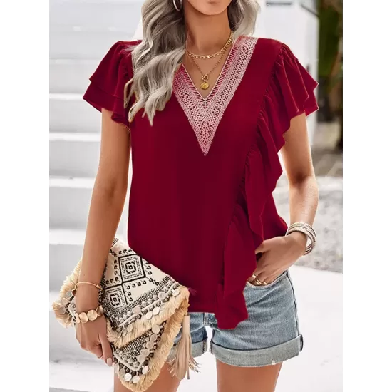 Applique Split-Joint Loose Short Sleeves V-Neck T-Shirts Tops