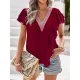 Applique Split-Joint Loose Short Sleeves V-Neck T-Shirts Tops