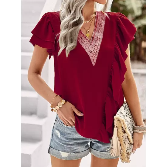 Applique Split-Joint Loose Short Sleeves V-Neck T-Shirts Tops