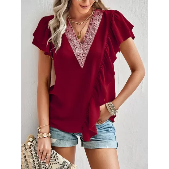 Applique Split-Joint Loose Short Sleeves V-Neck T-Shirts Tops