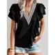 Applique Split-Joint Loose Short Sleeves V-Neck T-Shirts Tops