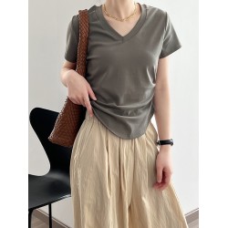 Solid Color Irregular clipping Short Sleeves V-neck T-Shirts Tops