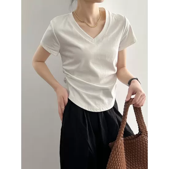 Solid Color Irregular clipping Short Sleeves V-neck T-Shirts Tops