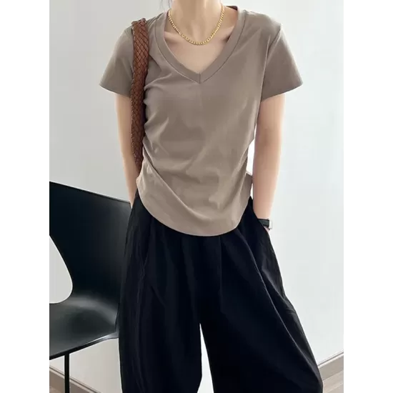 Solid Color Irregular clipping Short Sleeves V-neck T-Shirts Tops