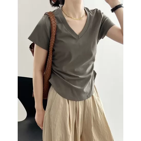 Solid Color Irregular clipping Short Sleeves V-neck T-Shirts Tops