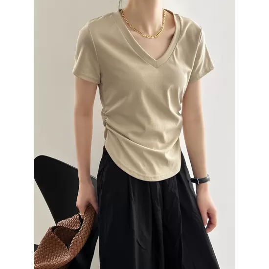 Solid Color Irregular clipping Short Sleeves V-neck T-Shirts Tops