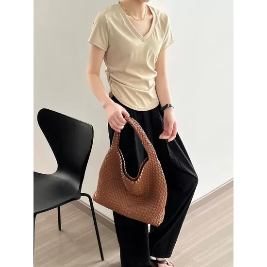 Solid Color Irregular clipping Short Sleeves V-neck T-Shirts Tops