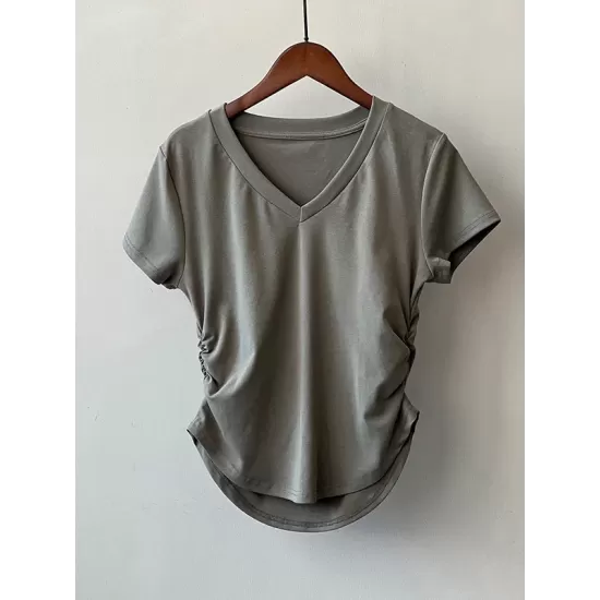 Solid Color Irregular clipping Short Sleeves V-neck T-Shirts Tops