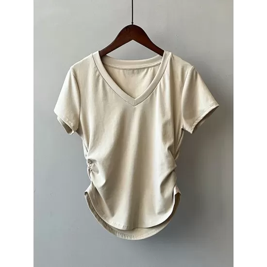 Solid Color Irregular clipping Short Sleeves V-neck T-Shirts Tops