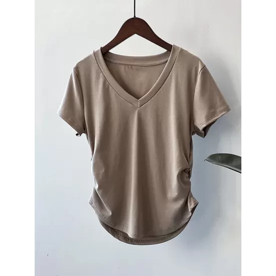 Solid Color Irregular clipping Short Sleeves V-neck T-Shirts Tops