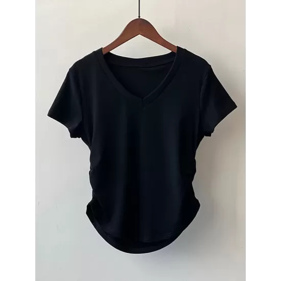 Solid Color Irregular clipping Short Sleeves V-neck T-Shirts Tops