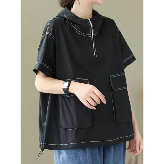 Zipper Loose Short Sleeves Hooded T-Shirts Tops