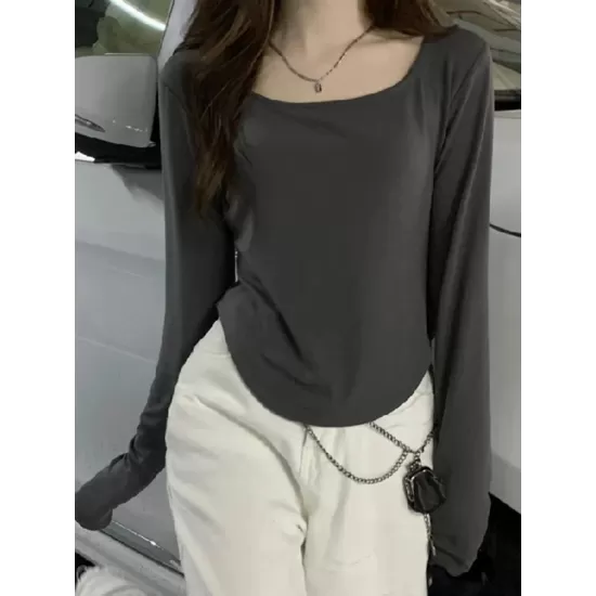 Solid Color Long Sleeves Skinny Square-Neck T-Shirts Tops