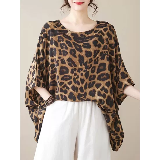 Leopard Batwing Sleeves Loose Round-Neck T-Shirts Tops