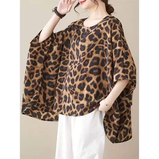 Leopard Batwing Sleeves Loose Round-Neck T-Shirts Tops