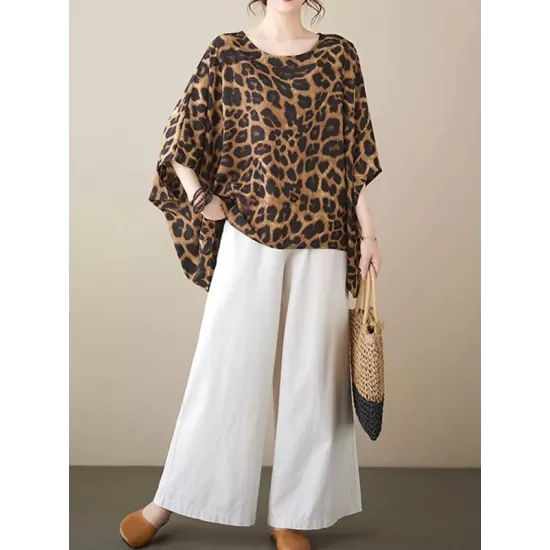 Leopard Batwing Sleeves Loose Round-Neck T-Shirts Tops