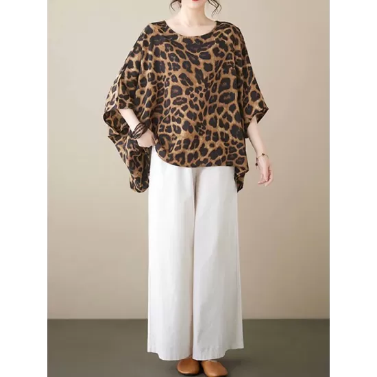 Leopard Batwing Sleeves Loose Round-Neck T-Shirts Tops