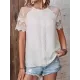 See-Through Lace Split-Joint Loose Short Sleeves Round-Neck T-Shirts Tops