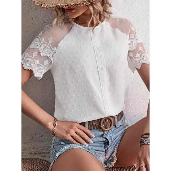 See-Through Lace Split-Joint Loose Short Sleeves Round-Neck T-Shirts Tops