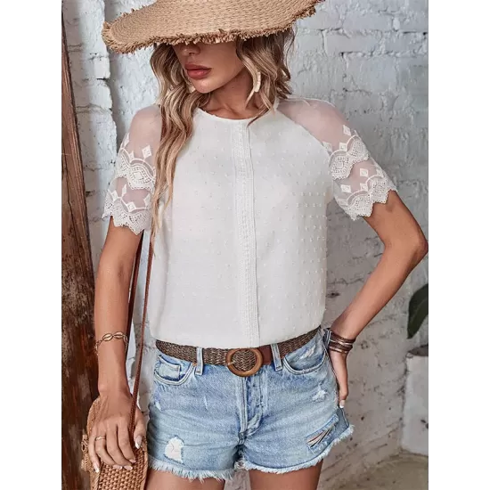 See-Through Lace Split-Joint Loose Short Sleeves Round-Neck T-Shirts Tops