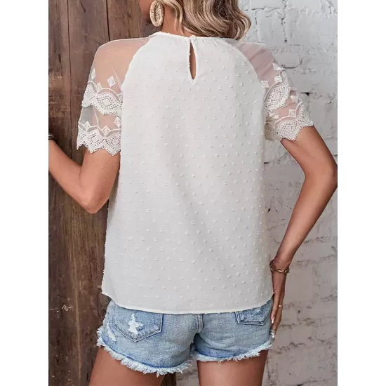 See-Through Lace Split-Joint Loose Short Sleeves Round-Neck T-Shirts Tops