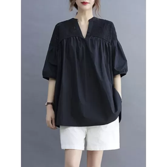 Hollow Pleated Solid Color Split-Joint Half Sleeves Loose V-Neck T-Shirts