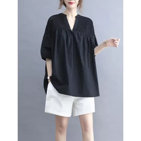 Hollow Pleated Solid Color Split-Joint Half Sleeves Loose V-Neck T-Shirts