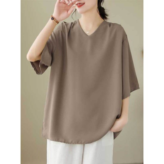 Solid Color Loose Short Sleeves V-Neck T-Shirts