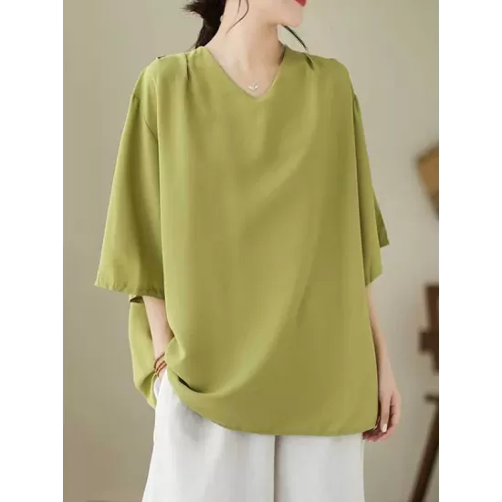 Solid Color Loose Short Sleeves V-Neck T-Shirts