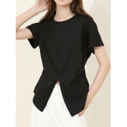 Pleated Solid Color Split-Front Split-Joint Batwing Sleeves Loose Round-Neck T-Shirts