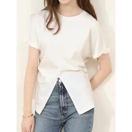 Pleated Solid Color Split-Front Split-Joint Batwing Sleeves Loose Round-Neck T-Shirts