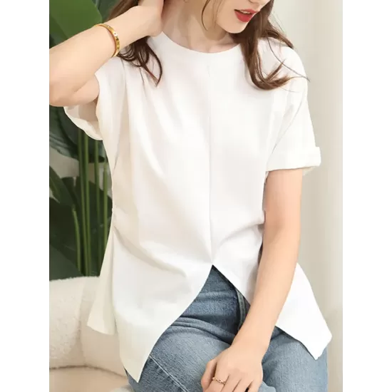 Pleated Solid Color Split-Front Split-Joint Batwing Sleeves Loose Round-Neck T-Shirts