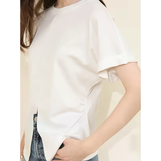 Pleated Solid Color Split-Front Split-Joint Batwing Sleeves Loose Round-Neck T-Shirts