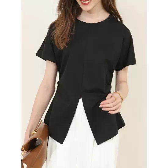 Pleated Solid Color Split-Front Split-Joint Batwing Sleeves Loose Round-Neck T-Shirts