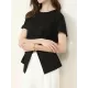 Pleated Solid Color Split-Front Split-Joint Batwing Sleeves Loose Round-Neck T-Shirts