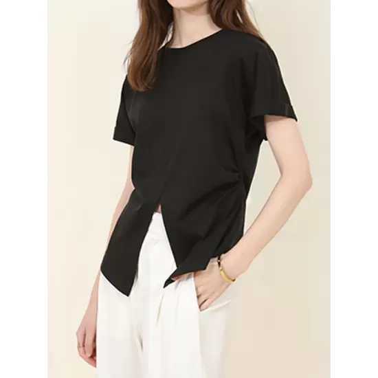 Pleated Solid Color Split-Front Split-Joint Batwing Sleeves Loose Round-Neck T-Shirts