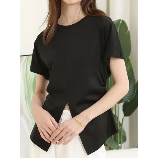 Pleated Solid Color Split-Front Split-Joint Batwing Sleeves Loose Round-Neck T-Shirts