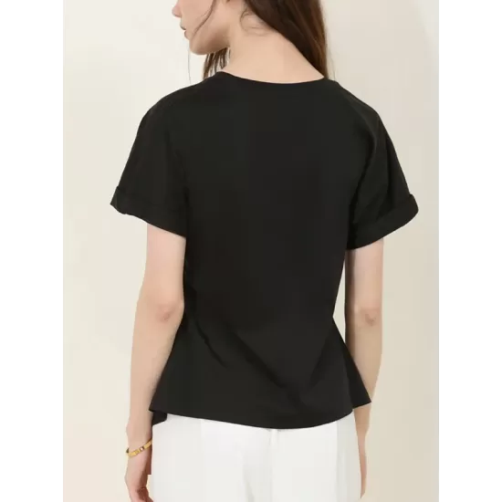 Pleated Solid Color Split-Front Split-Joint Batwing Sleeves Loose Round-Neck T-Shirts