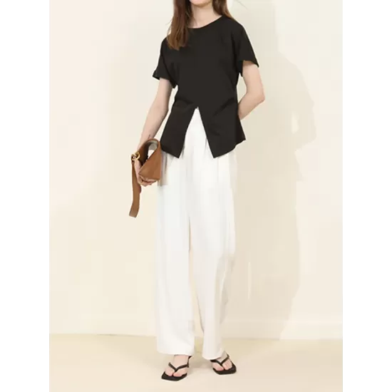 Pleated Solid Color Split-Front Split-Joint Batwing Sleeves Loose Round-Neck T-Shirts