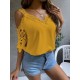 Lacy Solid Color Loose Short Sleeves Cold Shoulder T-Shirts Tops