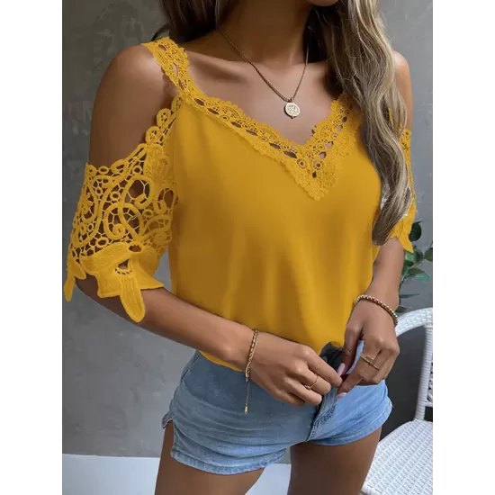 Lacy Solid Color Loose Short Sleeves Cold Shoulder T-Shirts Tops